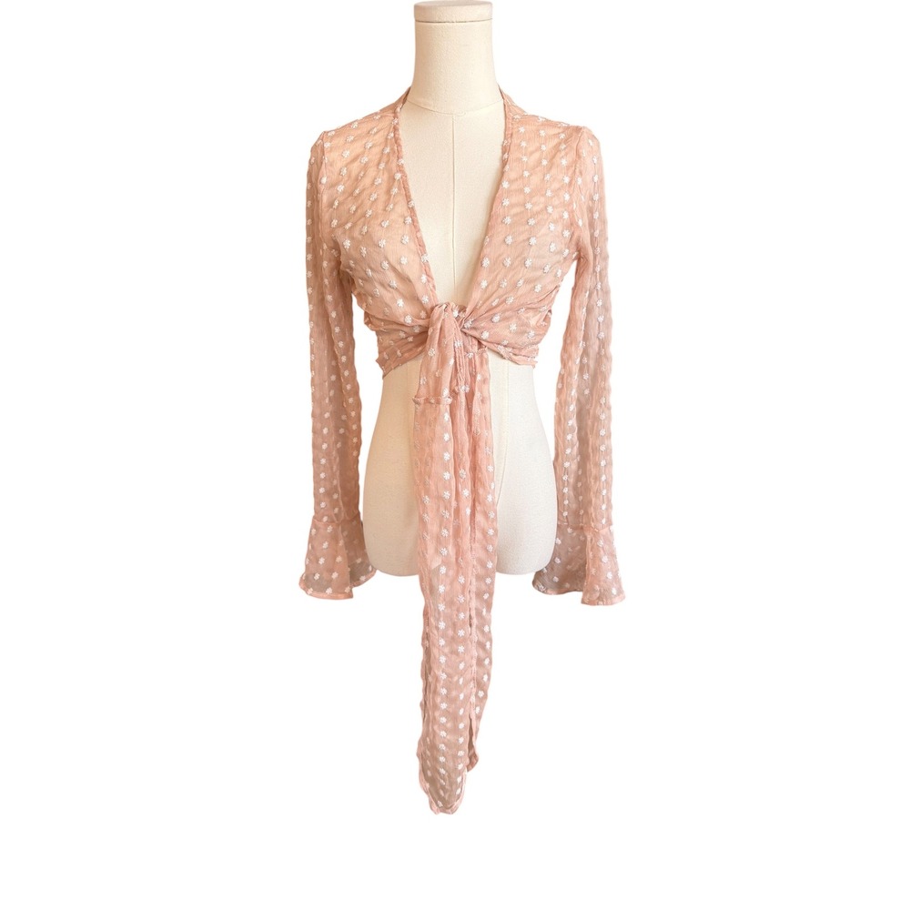 Nasty Gal Collection Peach Pink Sheer Mesh Tie Front Crop Top Bell Sleeve US 6